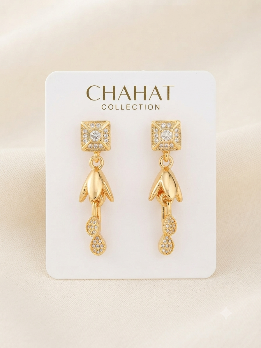 Elegant Gold-Plated Floral Dangle Earrings with Zircon Stone Accent