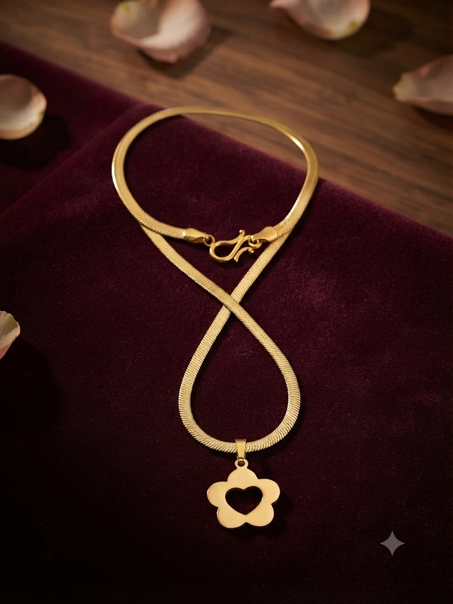 Gold-Plated Flat Snake Chain Necklace with Flower Heart Pendant