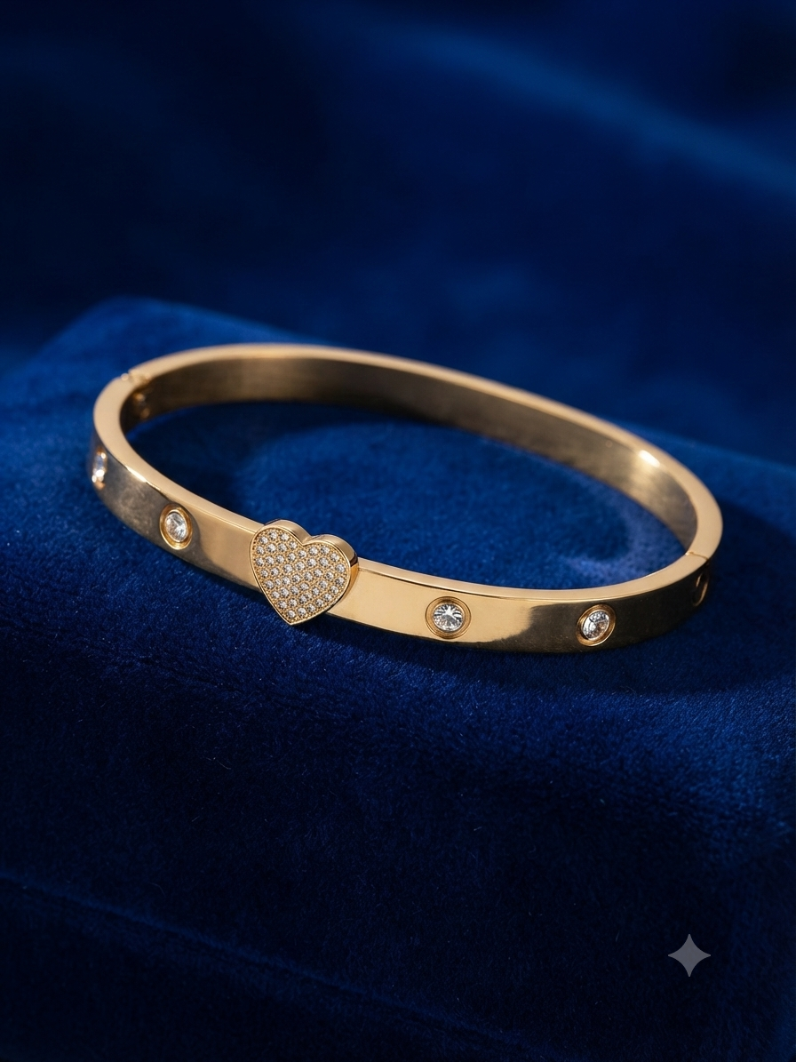 Luxury Gold-Plated Heart & Crystal Studded Bangle Bracelet
