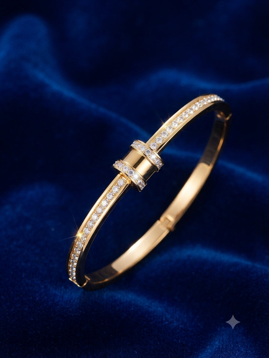 Elegant Gold-Plated Zircon Bangle with Cylinder Charm