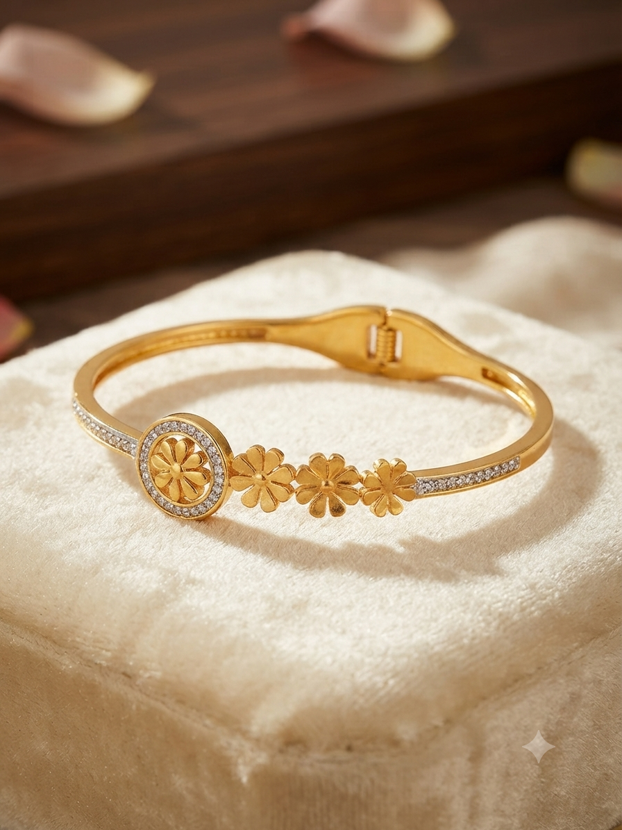 Elegant Gold Plated Floral Zircon Bangle Bracelet for Women