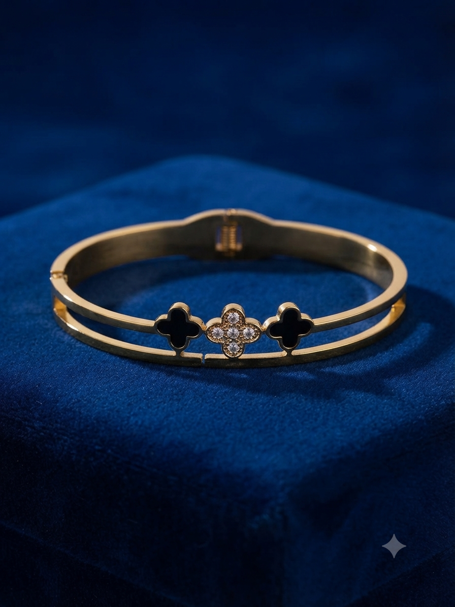 Golden Black Clover Double-Band Hinged Bangle Bracelet