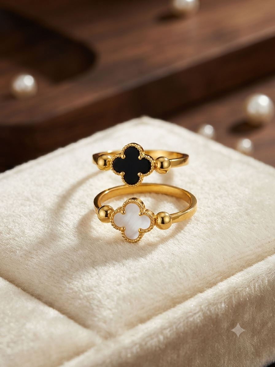 Lucky Clover Bead Accent Open Cuff Ring (Black & White Shell )