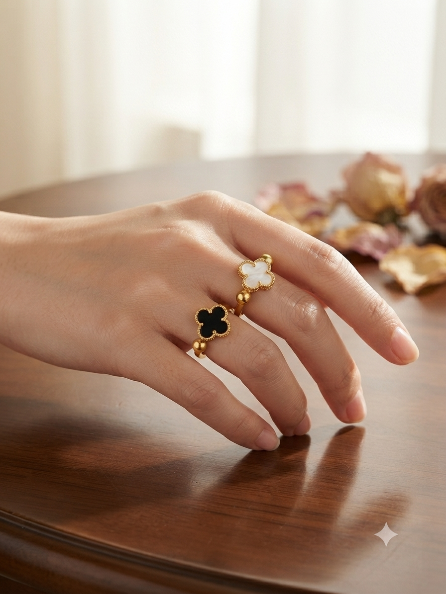 Lucky Clover Bead Accent Open Cuff Ring (Black & White Shell )