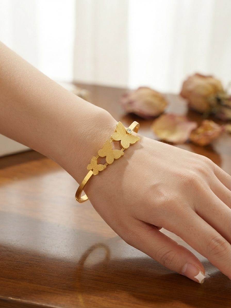 Golden Butterfly Textured Cuff Bangle Bracelet