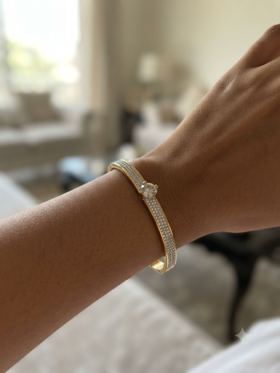 Elegant Gold Plated Floral Zircon Bangle Bracelet for Women