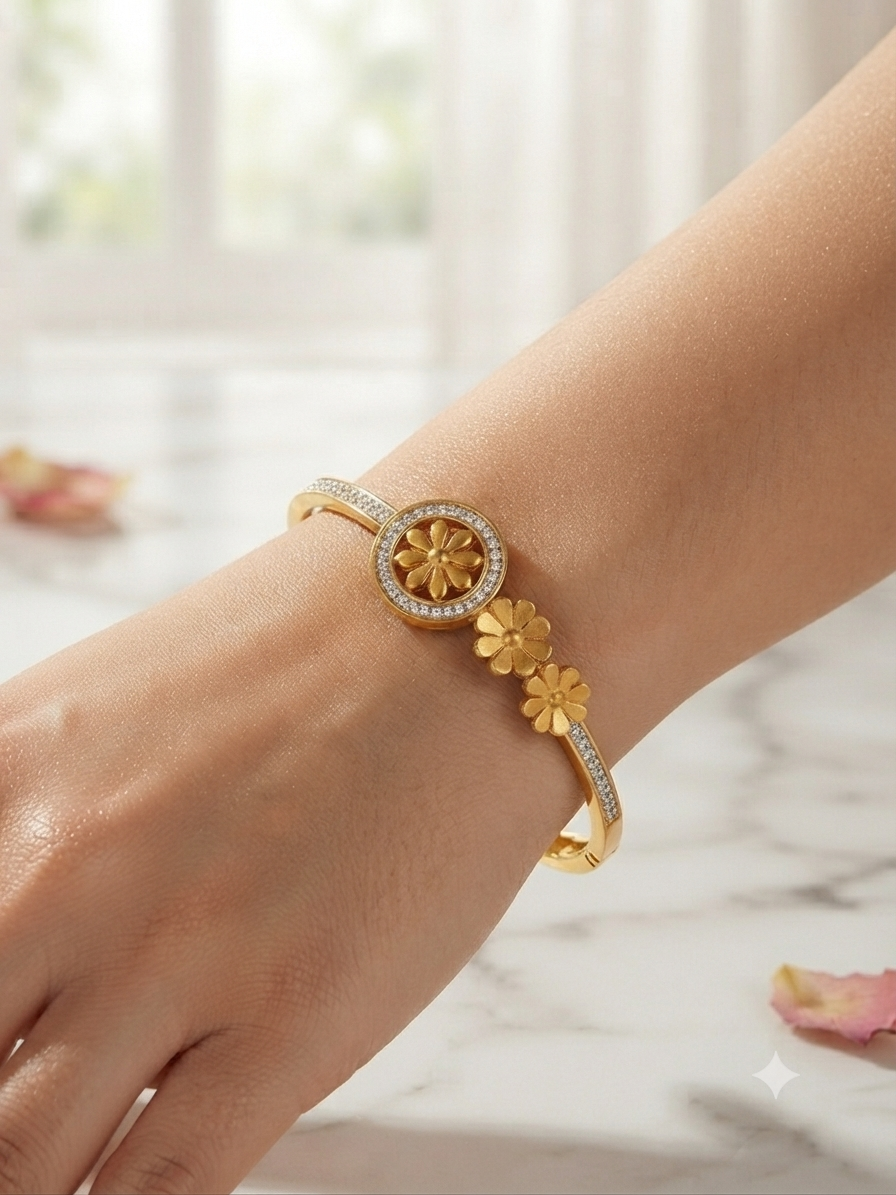 Elegant Gold Plated Floral Zircon Bangle Bracelet for Women