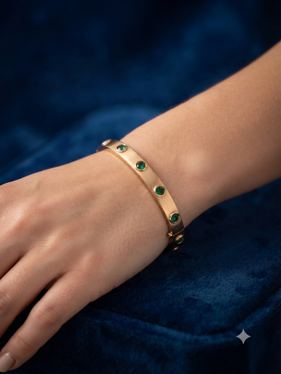 Luxury Gold-Plated Bangle with Emerald Green Zircon Crystals