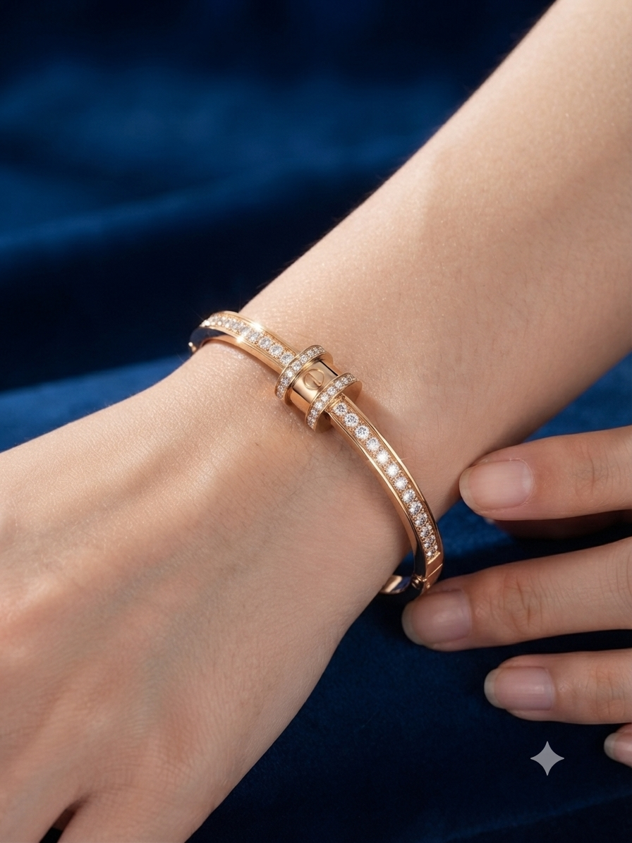 Elegant Gold-Plated Zircon Bangle with Cylinder Charm