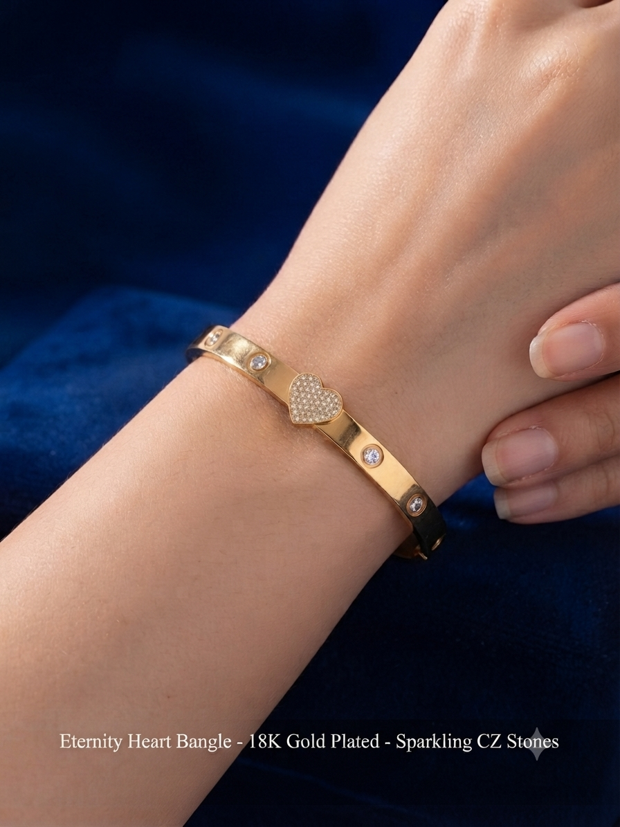 Luxury Gold-Plated Heart & Crystal Studded Bangle Bracelet