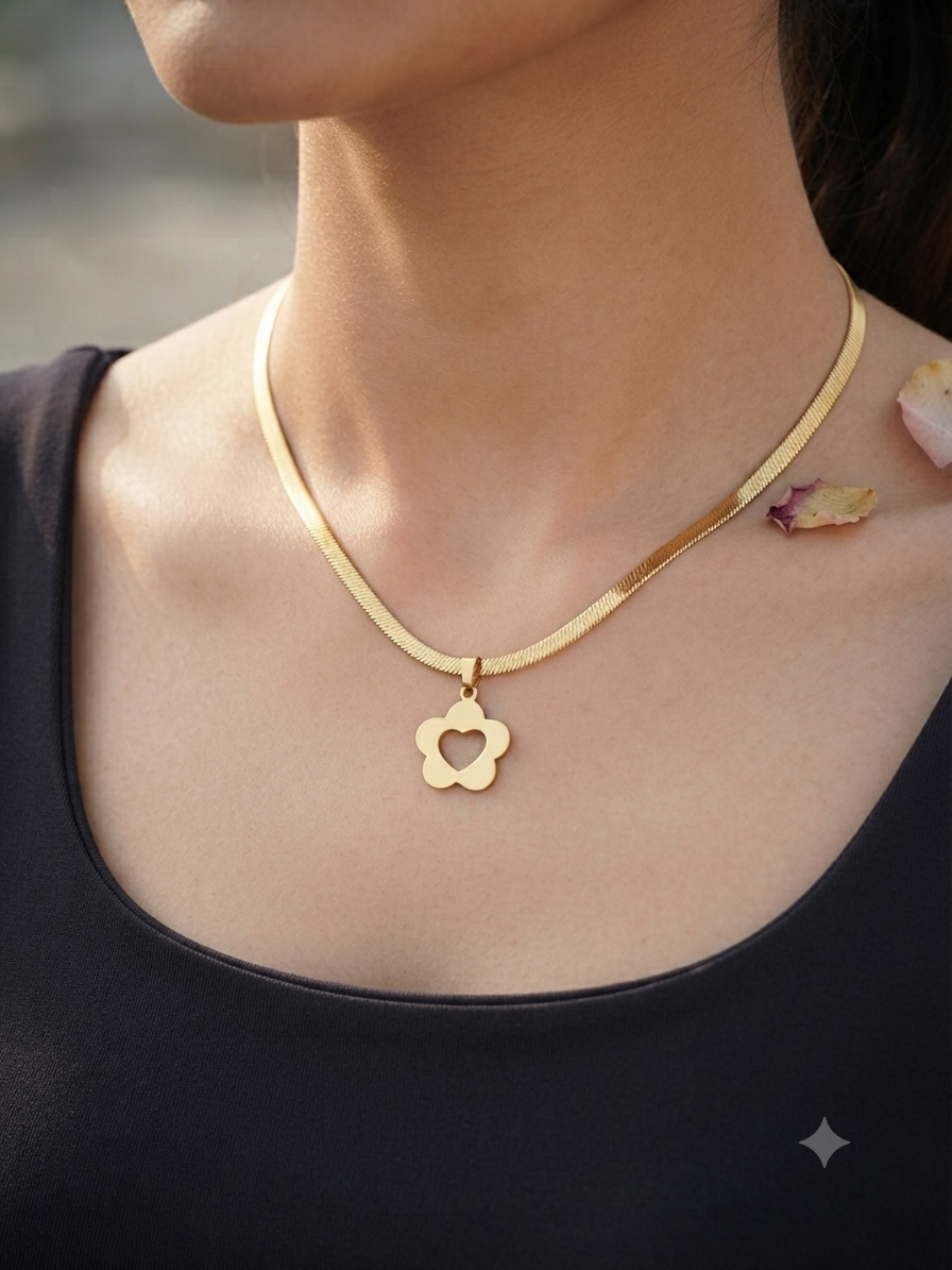 Gold-Plated Flat Snake Chain Necklace with Flower Heart Pendant