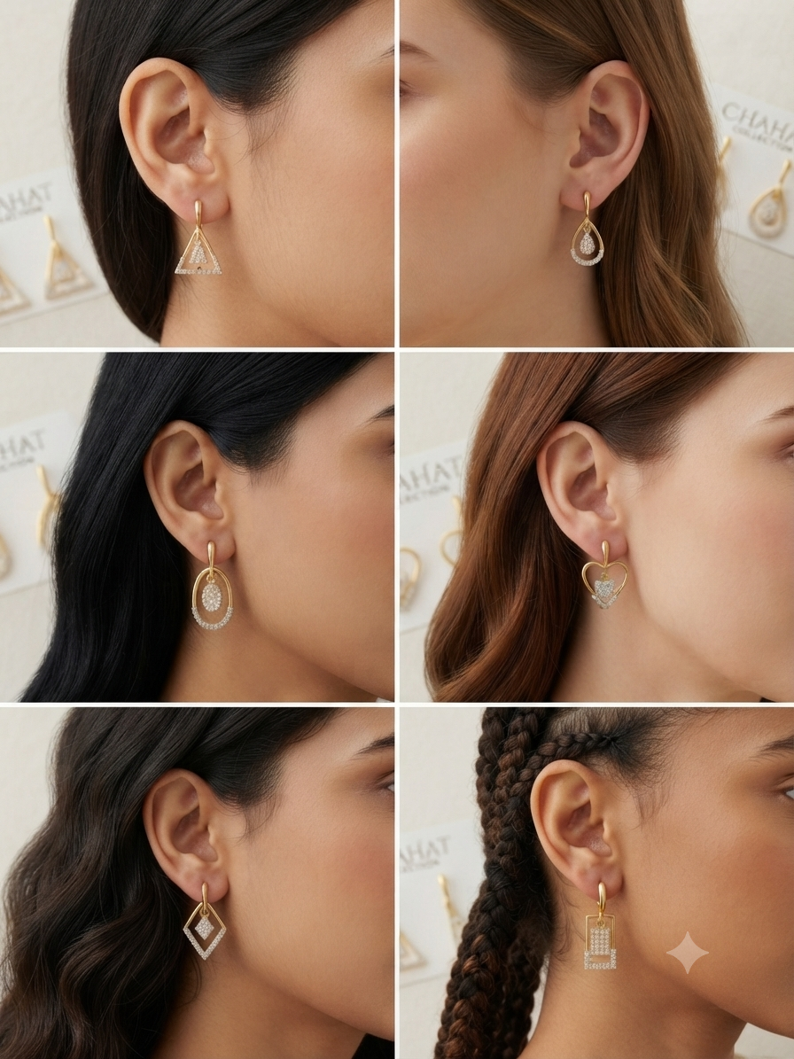 Elegant Gold-Plated Zircon Drop Earrings Collection – 6 Geometric Designs