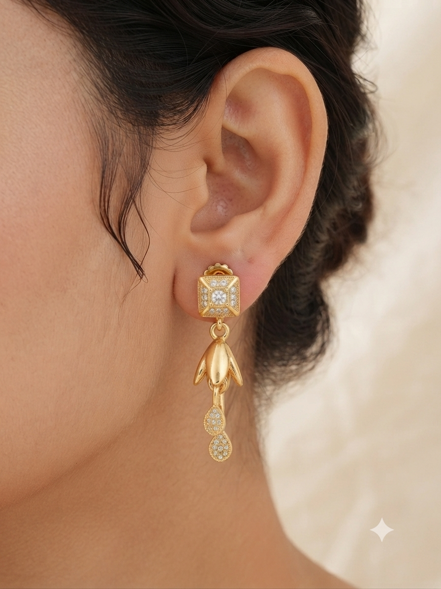 Elegant Gold-Plated Floral Dangle Earrings with Zircon Stone Accent