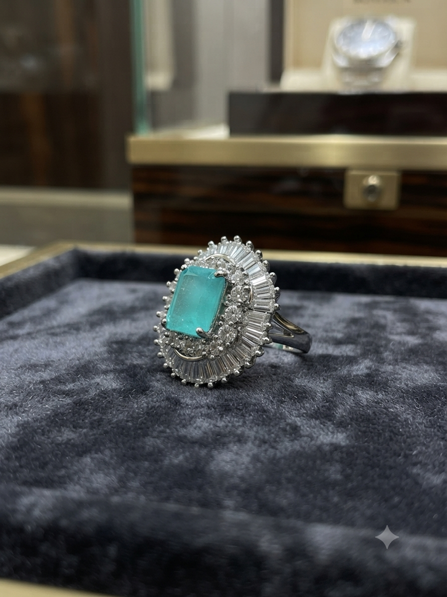 Royal Emerald-Cut Aqua Blue Halo Ring