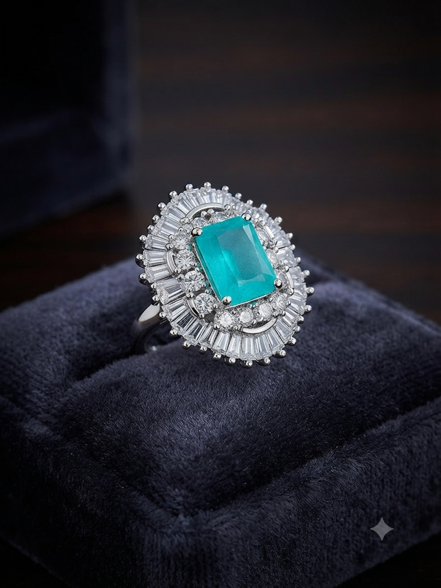 Royal Emerald-Cut Aqua Blue Halo Ring