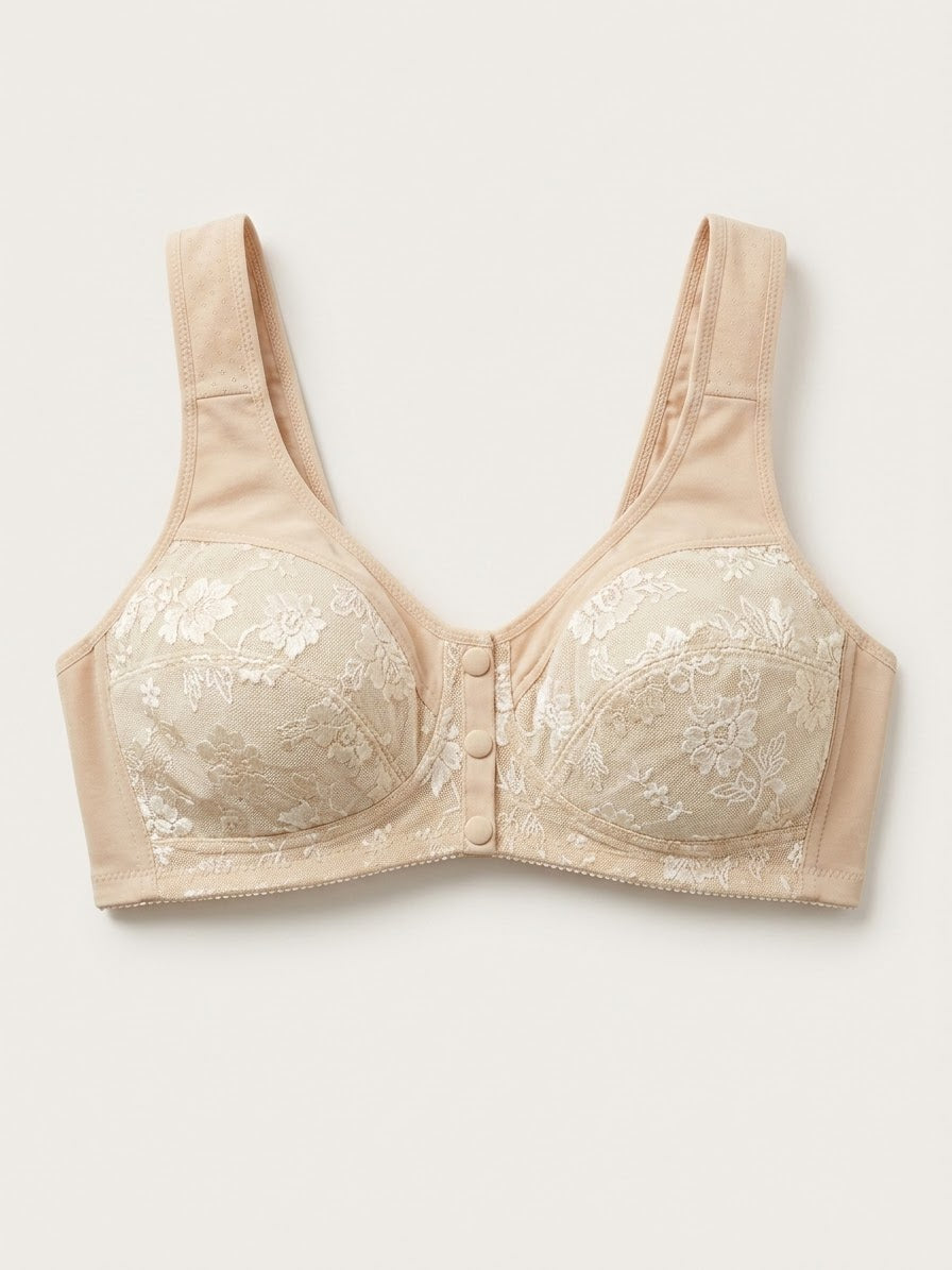 Floral Lace Front-Closure Comfort Bra - Beige