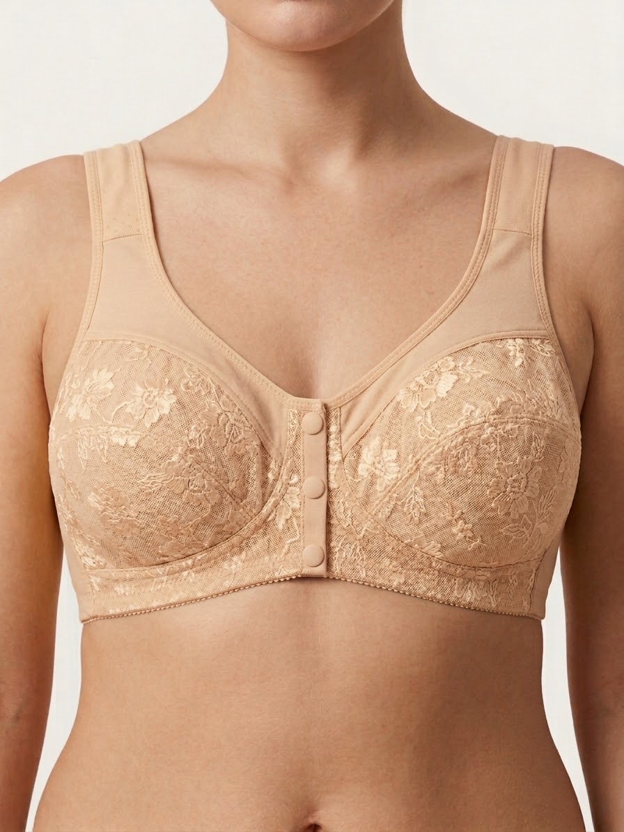 Floral Lace Front-Closure Comfort Bra - Beige
