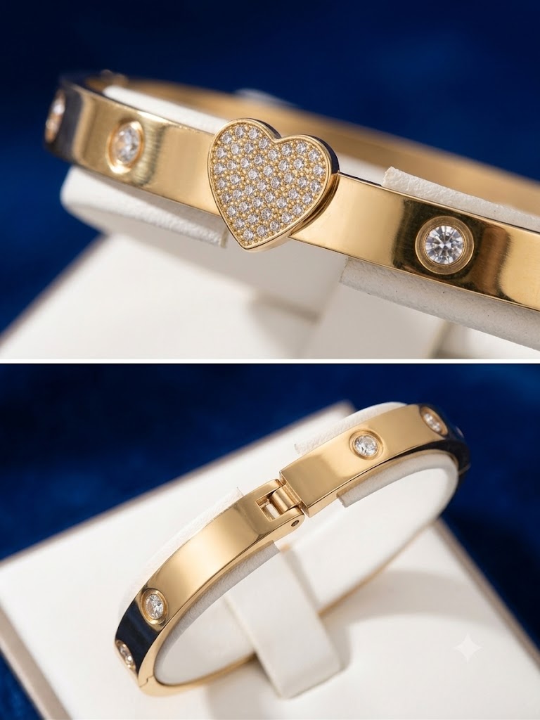 Luxury Gold-Plated Heart & Crystal Studded Bangle Bracelet