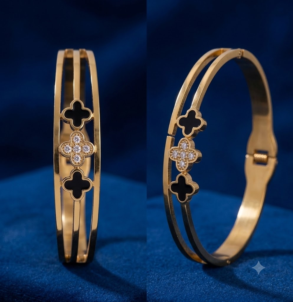 Golden Black Clover Double-Band Hinged Bangle Bracelet
