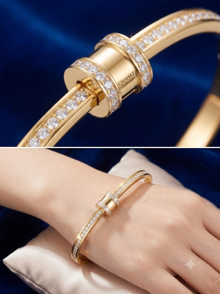 Elegant Gold-Plated Zircon Bangle with Cylinder Charm