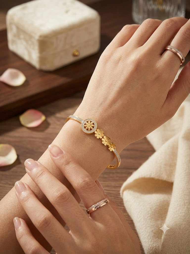 Elegant Gold Plated Floral Zircon Bangle Bracelet for Women