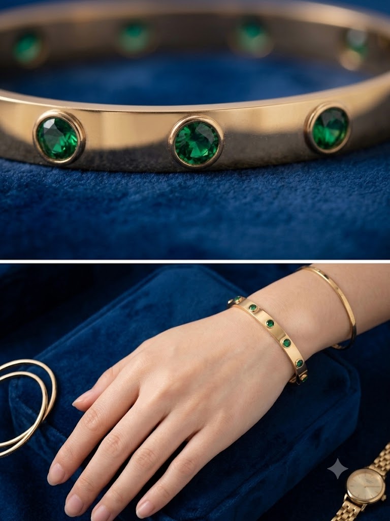 Luxury Gold-Plated Bangle with Emerald Green Zircon Crystals