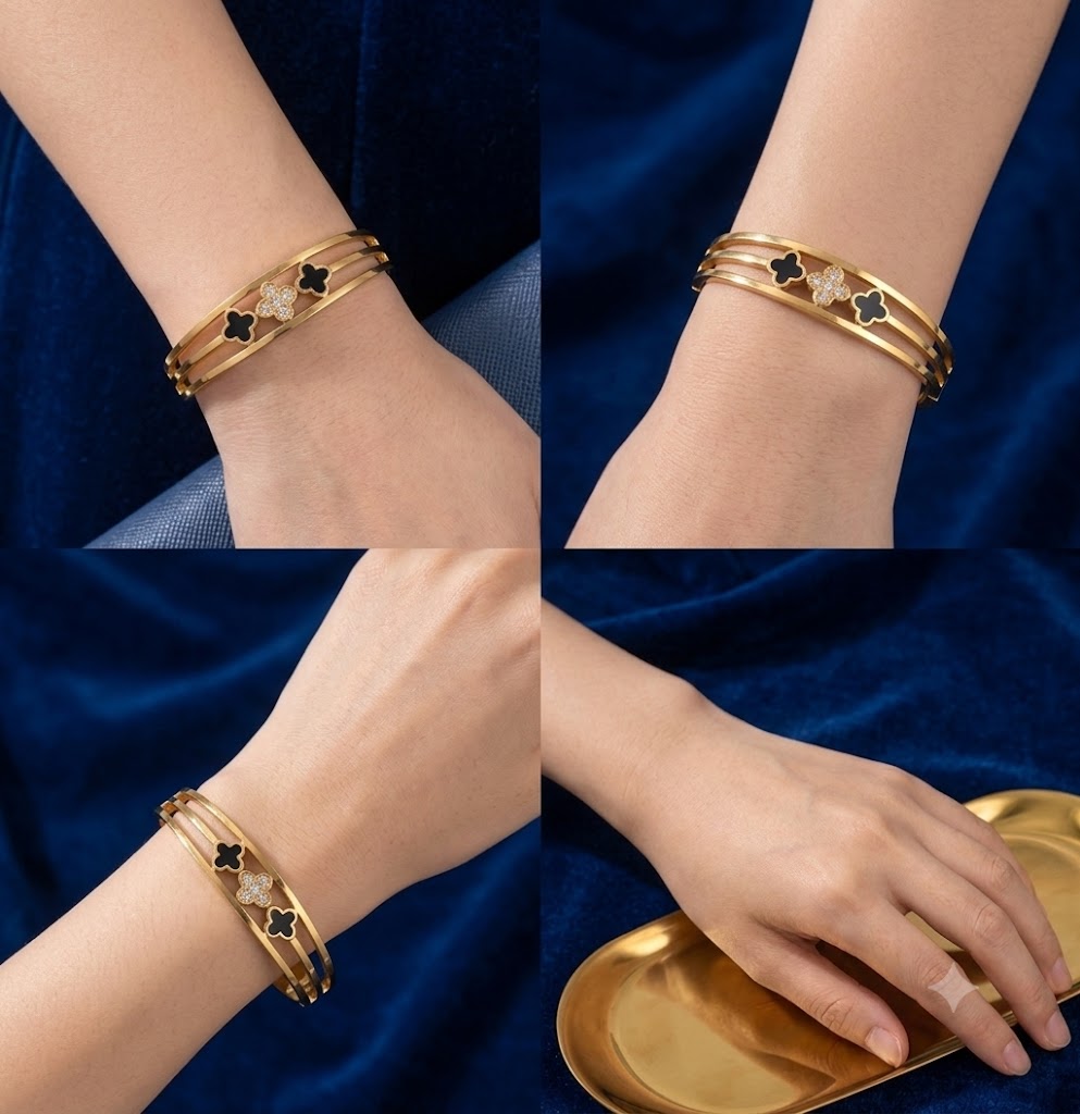 Golden Black Clover Double-Band Hinged Bangle Bracelet
