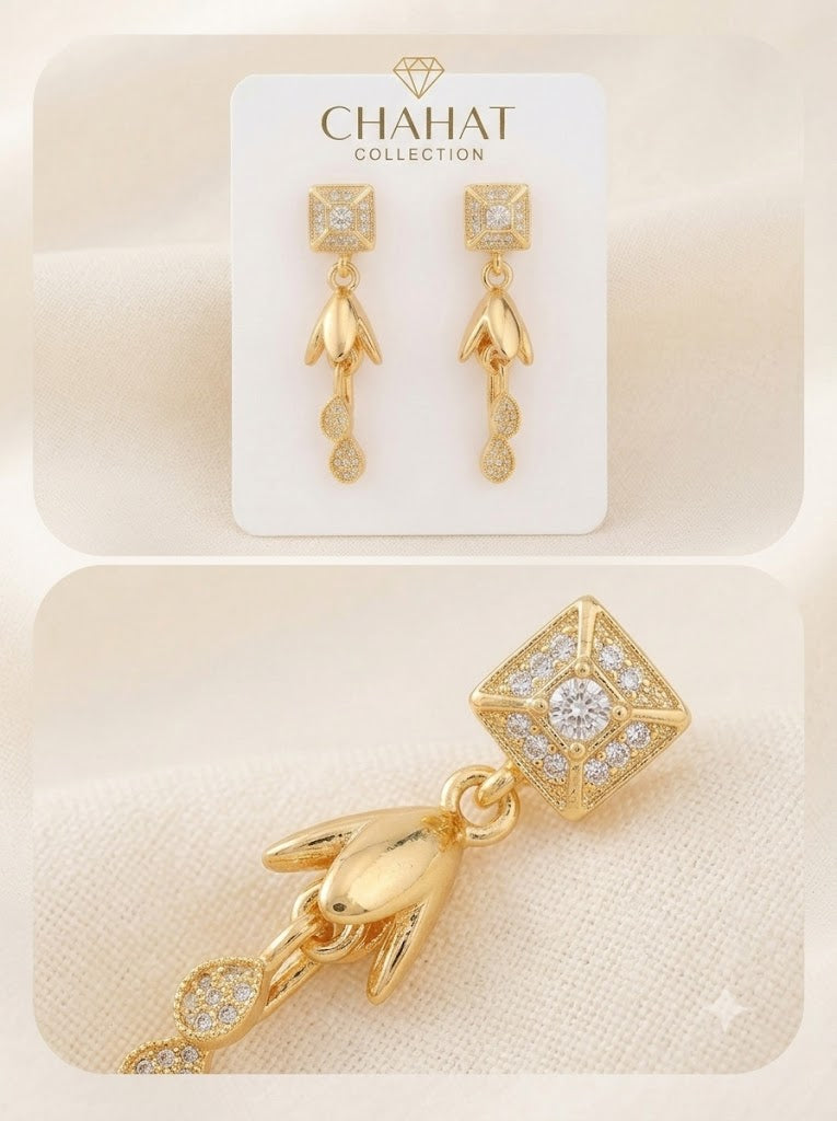 Elegant Gold-Plated Floral Dangle Earrings with Zircon Stone Accent