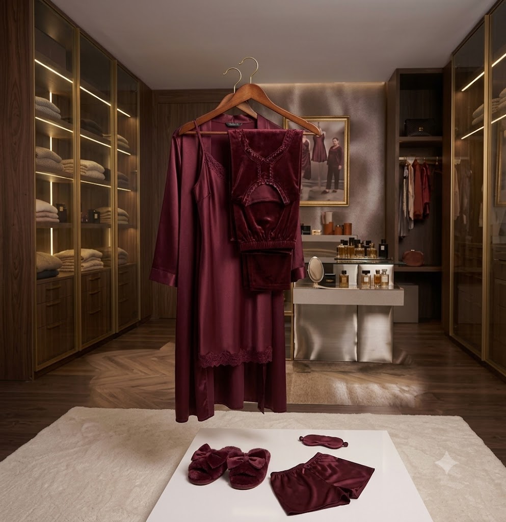 Elegant 4-Piece Nightwear Combo: Silk Satin Slip, Long Robe & Velvet Loungewear