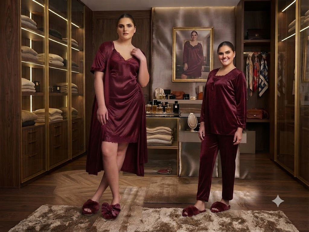 Elegant 4-Piece Nightwear Combo: Silk Satin Slip, Long Robe & Velvet Loungewear