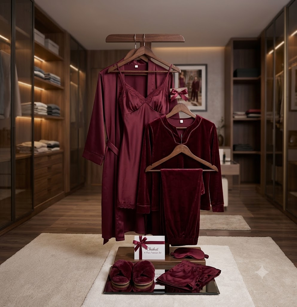Elegant 4-Piece Nightwear Combo: Silk Satin Slip, Long Robe & Velvet Loungewear