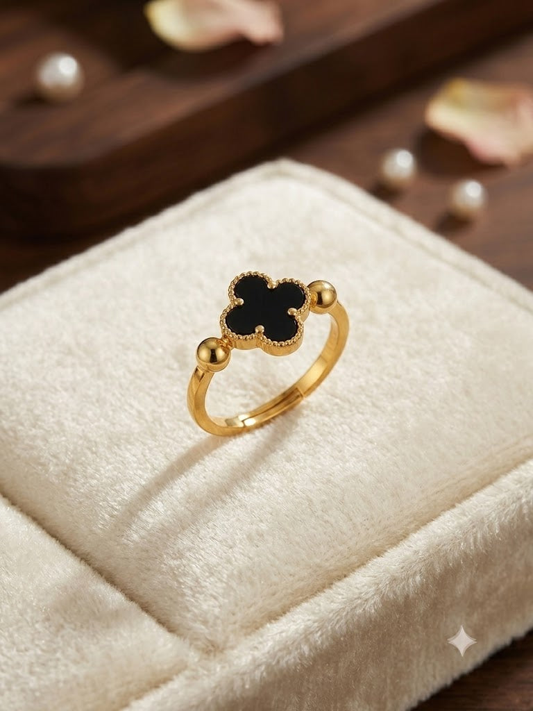 Lucky Clover Bead Accent Open Cuff Ring (Black & White Shell )