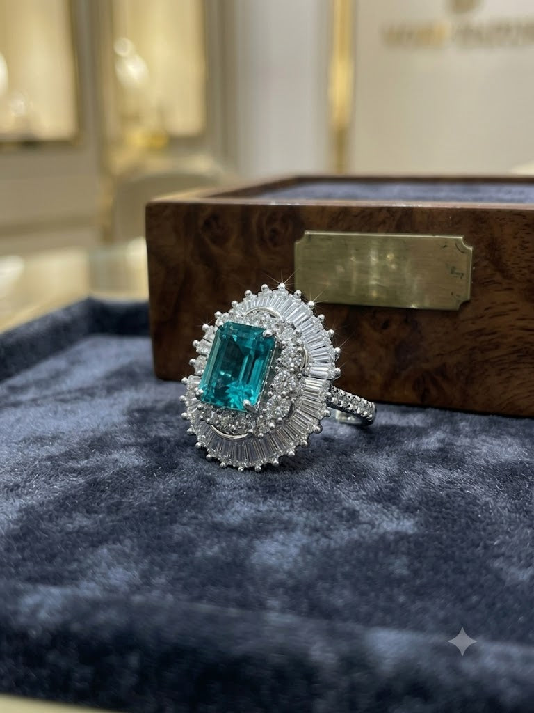 Royal Emerald-Cut Aqua Blue Halo Ring