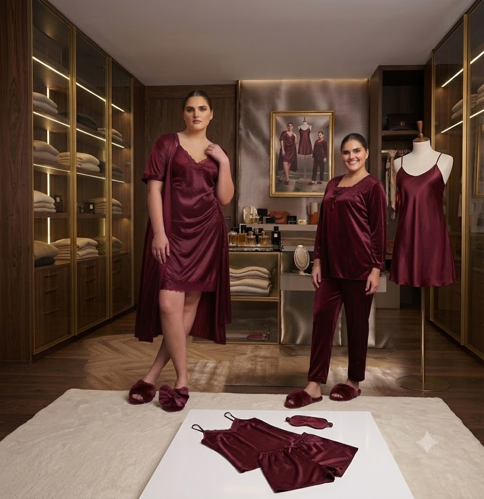 Elegant 4-Piece Nightwear Combo: Silk Satin Slip, Long Robe & Velvet Loungewear